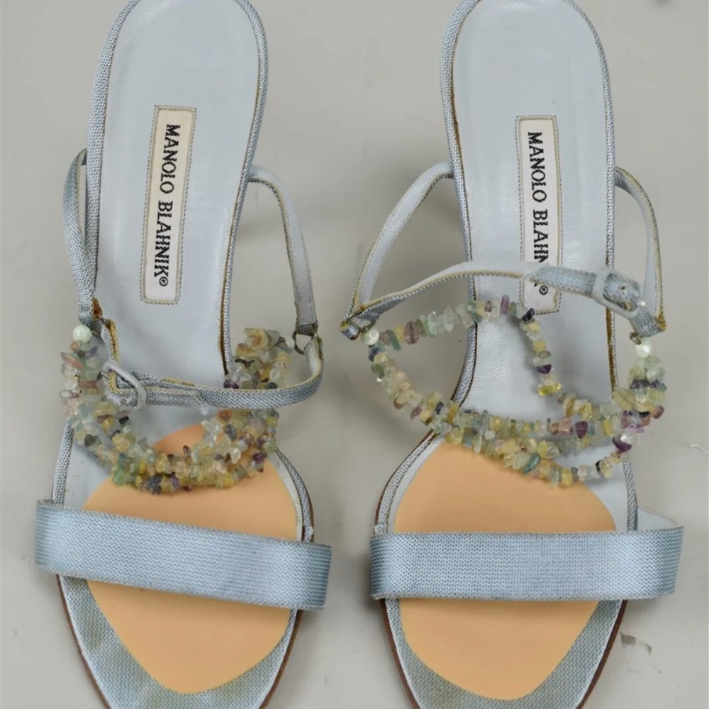 Manolo Blahnik Light Blue Silk Blend Sandals Stones Strap Heels Gems Size 39.5